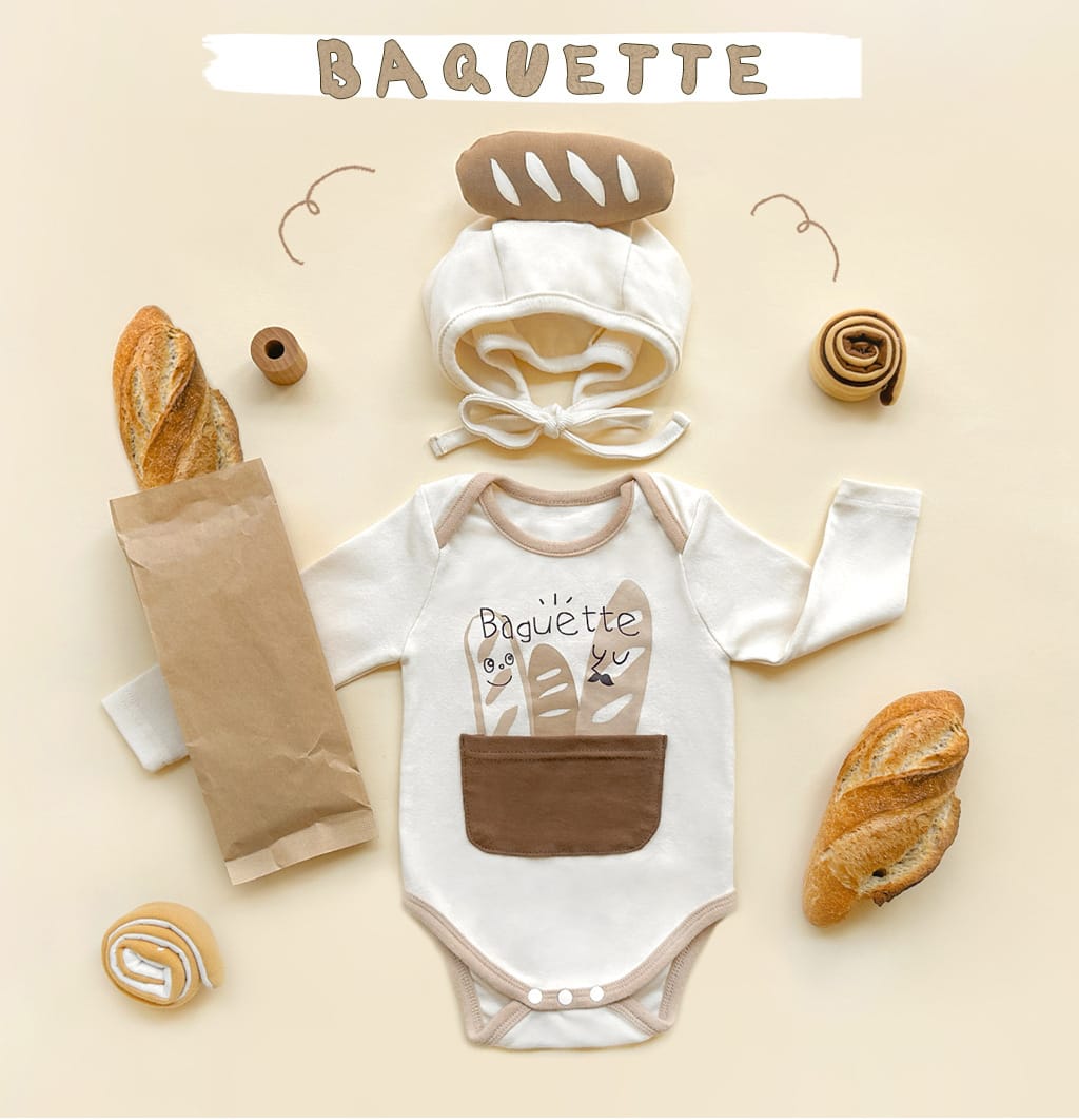 Baguette Motif Long Sleeve Romper Bonnet Set バゲット 長袖ロンパース 帽子 セット【mh0013396】 Beige / 66cm TOMMY'S GIFTS 長袖ロンパース