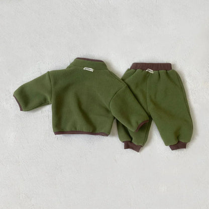 長袖セットアップ ベビーセットアップ 2点セット バイピングスタンドカラーフリーストップス+ロングパンツ 2カラー【mh0007603】