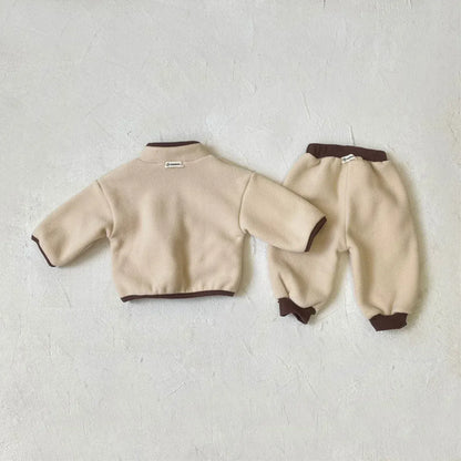 長袖セットアップ ベビーセットアップ 2点セット バイピングスタンドカラーフリーストップス+ロングパンツ 2カラー【mh0007603】