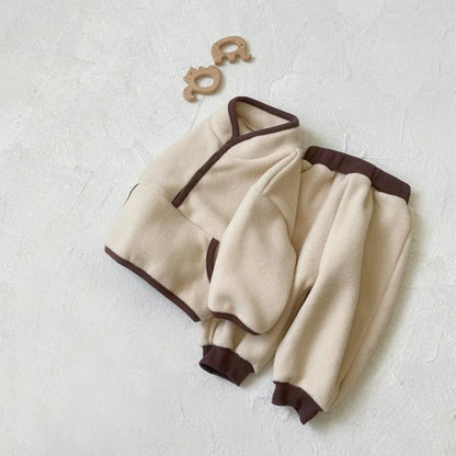 長袖セットアップ ベビーセットアップ 2点セット バイピングスタンドカラーフリーストップス+ロングパンツ 2カラー【mh0007603】