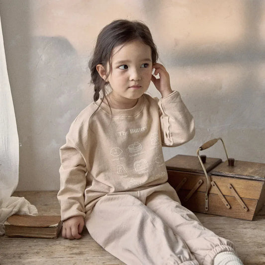 長袖セットアップ ベビーセットアップ 2点セット Buttersロゴプリント長袖スウェットシャツ+ロングスウェットパンツ【mh0008052】