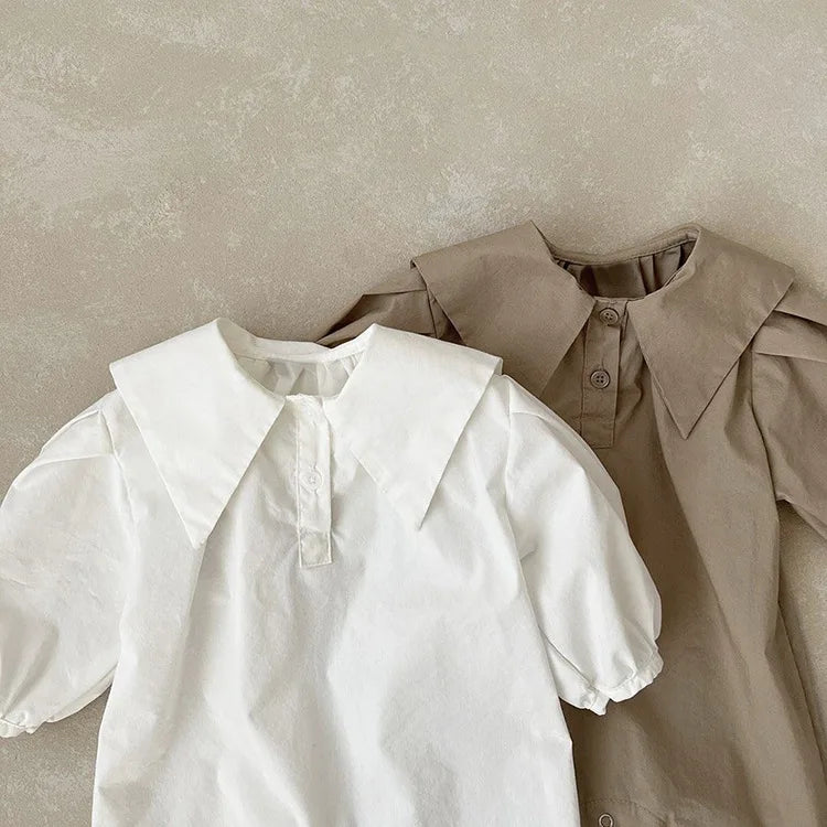 長袖ロンパース ベビーロンパース 長袖ジャンプスーツ 三角襟 シャツロンパース ホワイト ブラウン 2カラー【mh0003799】