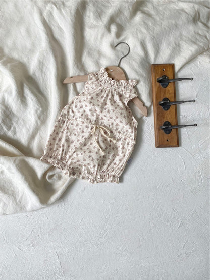 ノースリーブロンパース ベビーロンパース ノースリーブウエストマークボディスーツ フラワー花柄プリント 2カラー【mh0005298】