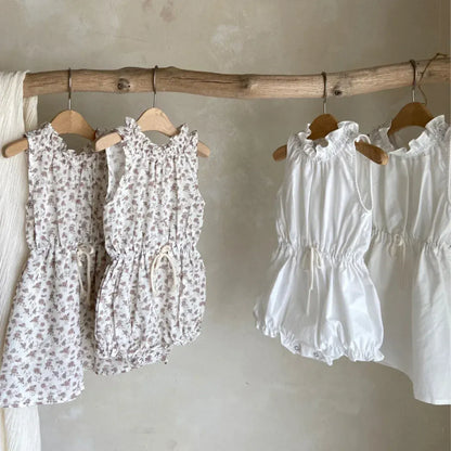 ノースリーブロンパース ベビーロンパース ノースリーブウエストマークボディスーツ フラワー花柄プリント 2カラー【mh0005298】