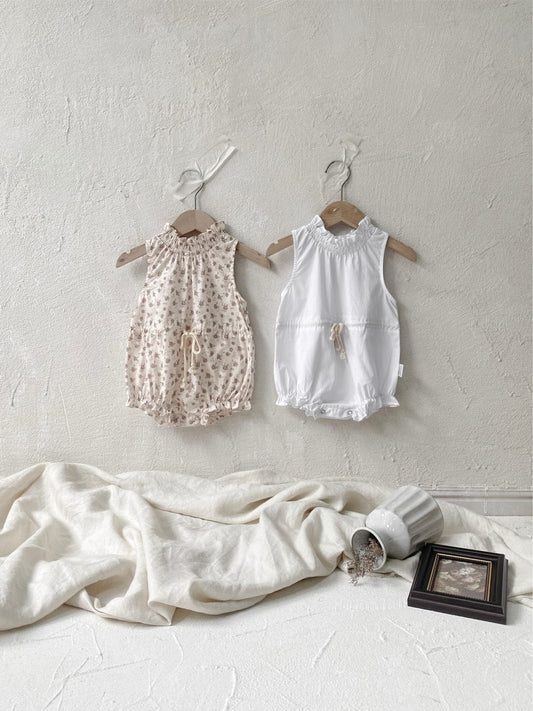 ノースリーブロンパース ベビーロンパース ノースリーブウエストマークボディスーツ フラワー花柄プリント 2カラー【mh0005298】