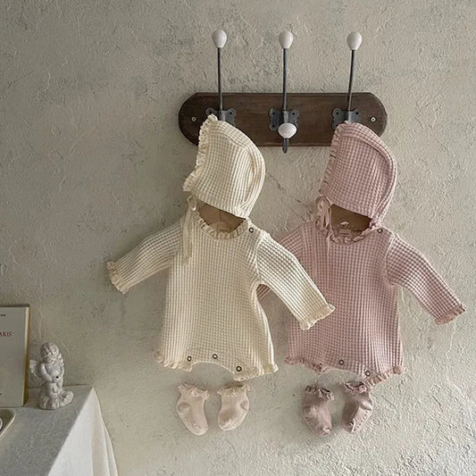 長袖ロンパース ベビーロンパース ボンネットセット ワッフル 長袖ボディスーツ シンプルベーシック 2カラー【mh0006262】