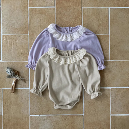 長袖ロンパース ベビーロンパース ダブルレース襟長袖ボディスーツ 2カラー【mh0006909】