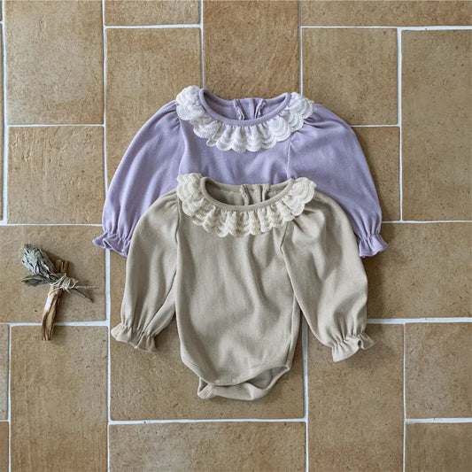 長袖ロンパース ベビーロンパース ダブルレース襟長袖ボディスーツ 2カラー【mh0006909】