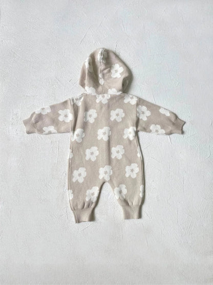 長袖ジャンプスーツ ベビージャンプスーツ レトロフラワーニットフーディ長袖ジップアップロンパース 2カラー【mh0006910】