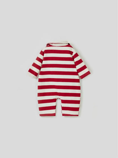 長袖ロンパース ベビージャンプスーツ ベアくまワッペンボーダーラガー襟長袖ロンパース 2カラー【mh0007063】