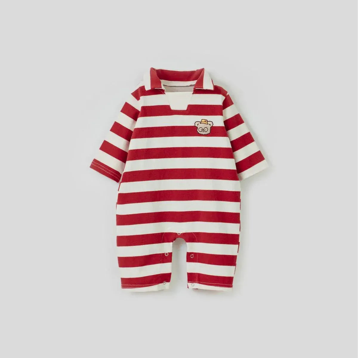 長袖ロンパース ベビージャンプスーツ ベアくまワッペンボーダーラガー襟長袖ロンパース 2カラー【mh0007063】