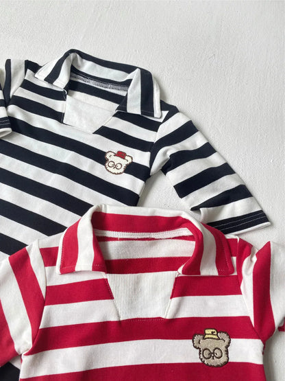 長袖ロンパース ベビージャンプスーツ ベアくまワッペンボーダーラガー襟長袖ロンパース 2カラー【mh0007063】