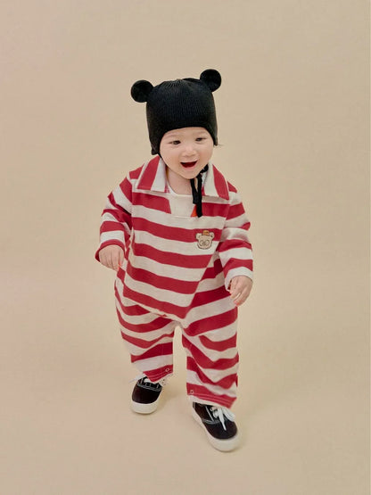 長袖ロンパース ベビージャンプスーツ ベアくまワッペンボーダーラガー襟長袖ロンパース 2カラー【mh0007063】