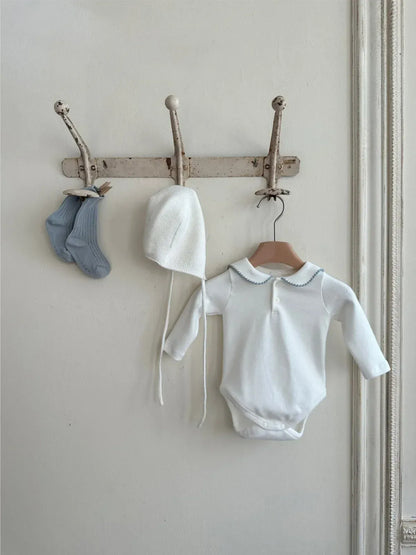 長袖ロンパース ベビーロンパース 縁取り丸襟長袖ボディスーツ 2カラー【mh0007068】