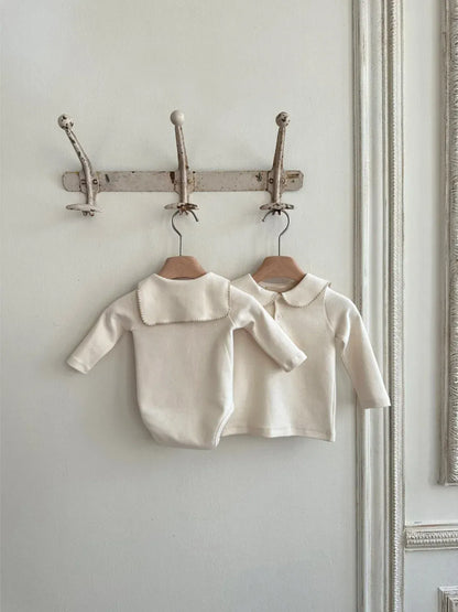 長袖ロンパース ベビーロンパース 縁取り丸襟長袖ボディスーツ 2カラー【mh0007068】