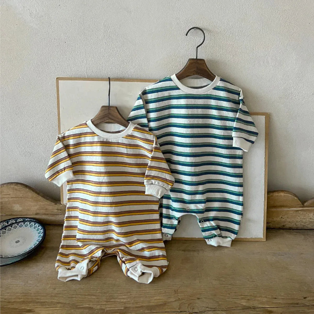 長袖ロンパース ベビーロンパース レトロボーダー長袖ジャンプスーツ 2カラー【mh0007408】