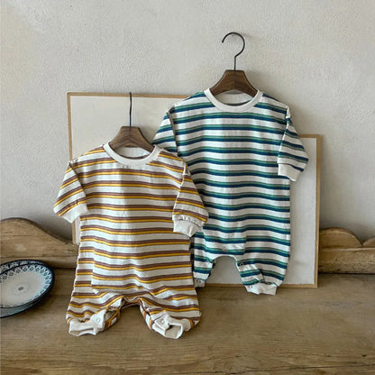 長袖ロンパース ベビーロンパース レトロボーダー長袖ジャンプスーツ 2カラー【mh0007408】