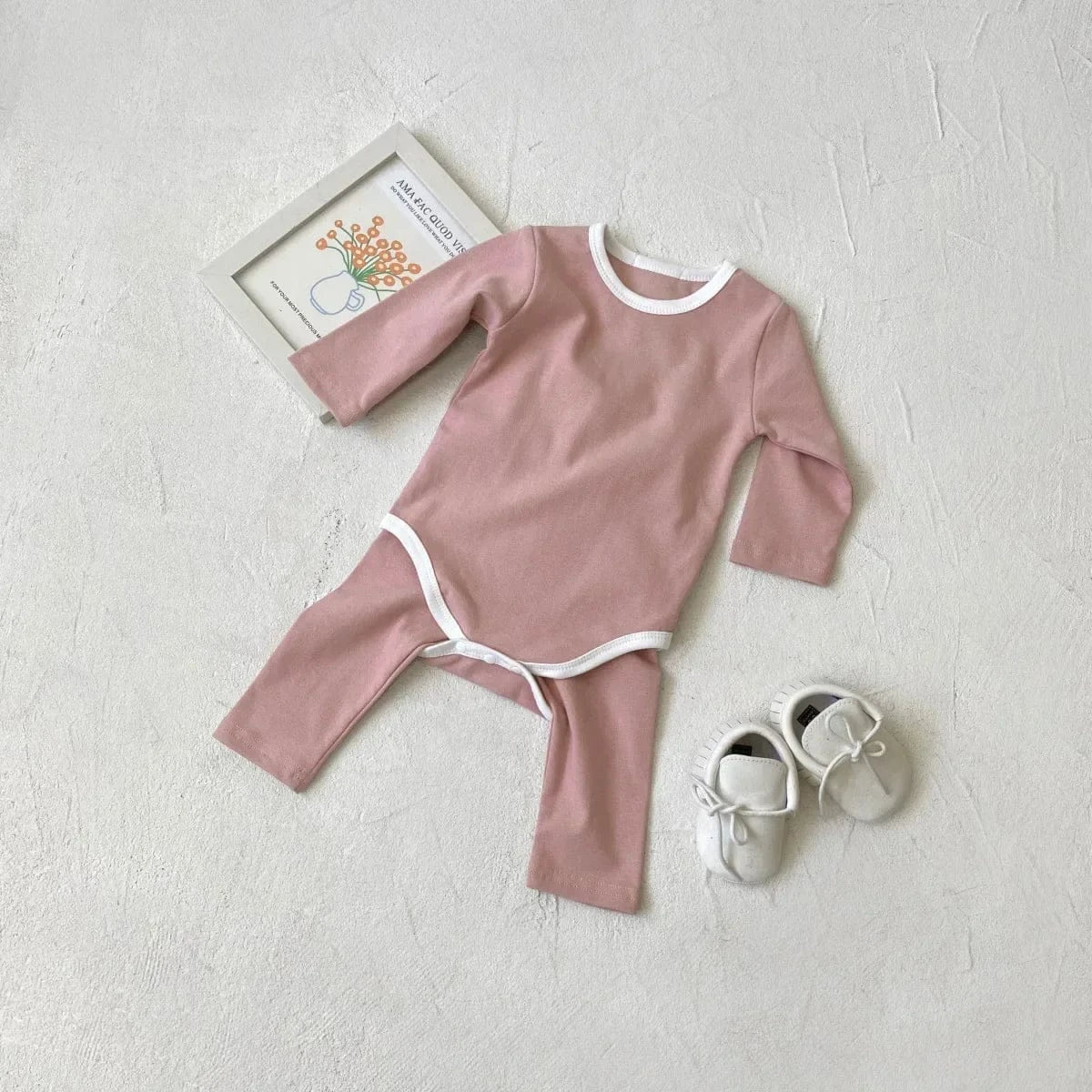 ロンパースセットアップ ベビーセットアップ 2点セット バイピング長袖ロンパース+ハイウェストロングパンツ 長袖パジャマセット【mh0007633】