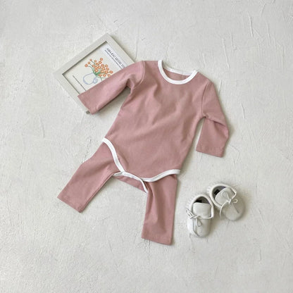 ロンパースセットアップ ベビーセットアップ 2点セット バイピング長袖ロンパース+ハイウェストロングパンツ 長袖パジャマセット【mh0007633】