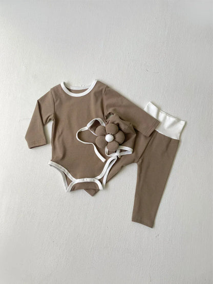 ロンパースセットアップ ベビーセットアップ 2点セット バイピング長袖ロンパース+ハイウェストロングパンツ 長袖パジャマセット【mh0007633】