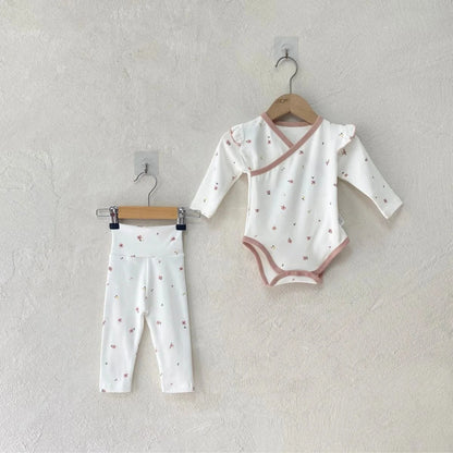 ロンパースセットアップ ベビーセットアップ 2点セット フラワープリント肌着ボディスーツ+ハイウェストレギンスパンツ【mh0007950】