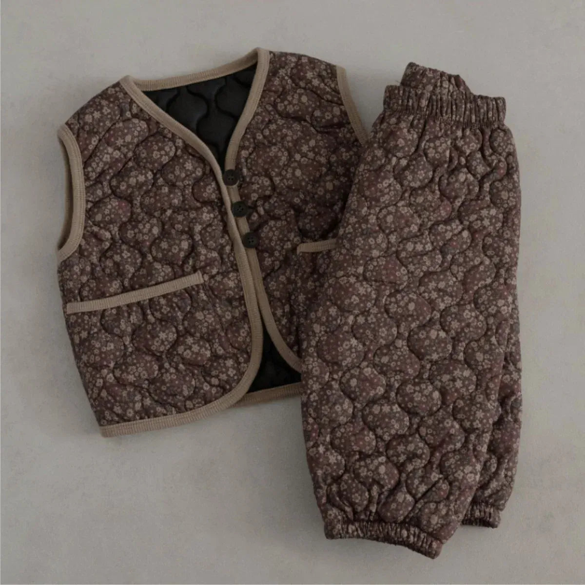 ノースリーブセットアップ ベビーセットアップ 2点セット フラワープリントキルティングベスト+キルトロングパンツ【mh0008143】