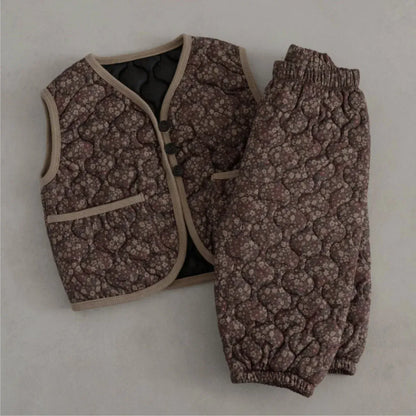 ノースリーブセットアップ ベビーセットアップ 2点セット フラワープリントキルティングベスト+キルトロングパンツ【mh0008143】