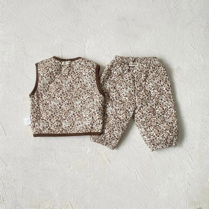 ノースリーブセットアップ ベビーセットアップ 2点セット フラワープリントキルティングベスト+キルトロングパンツ【mh0008143】