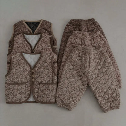 ノースリーブセットアップ ベビーセットアップ 2点セット フラワープリントキルティングベスト+キルトロングパンツ【mh0008143】