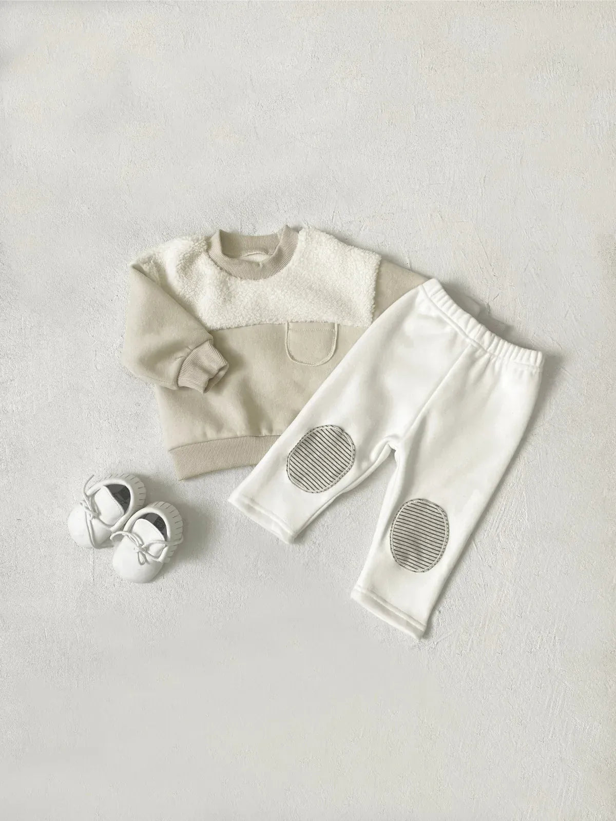 長袖セットアップ ベビーセットアップ 2点セット ボアフリースパッチワーク長袖スウェットシャツ+膝パッチロングレギンスパンツ【mh0008480】