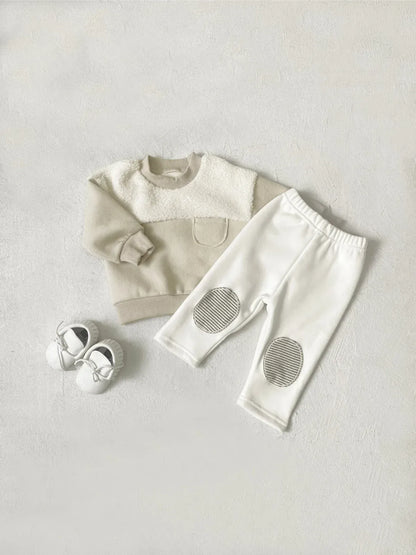 長袖セットアップ ベビーセットアップ 2点セット ボアフリースパッチワーク長袖スウェットシャツ+膝パッチロングレギンスパンツ【mh0008480】