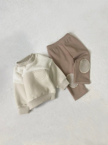 長袖セットアップ ベビーセットアップ 2点セット ボアフリースパッチワーク長袖スウェットシャツ+膝パッチロングレギンスパンツ【mh0008480】