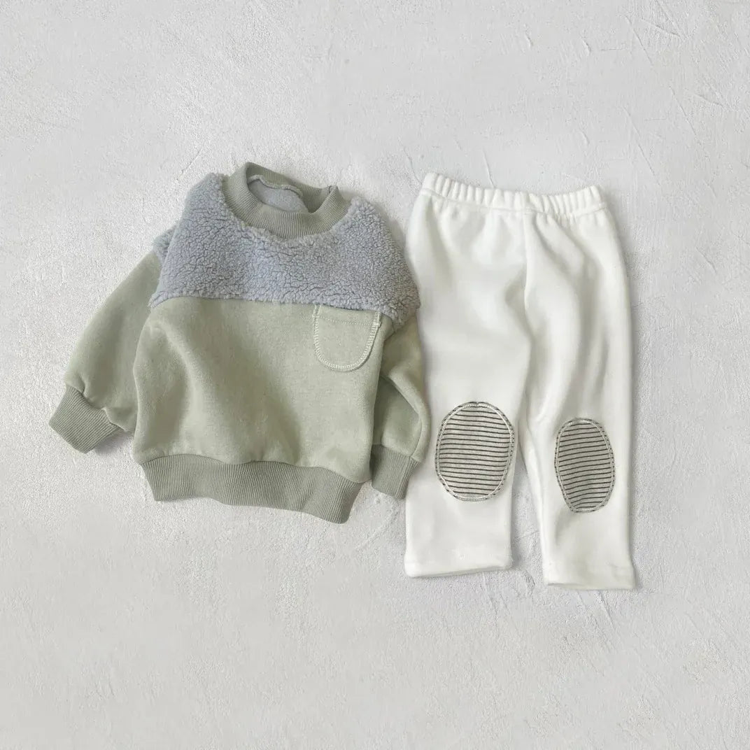 長袖セットアップ ベビーセットアップ 2点セット ボアフリースパッチワーク長袖スウェットシャツ+膝パッチロングレギンスパンツ【mh0008480】