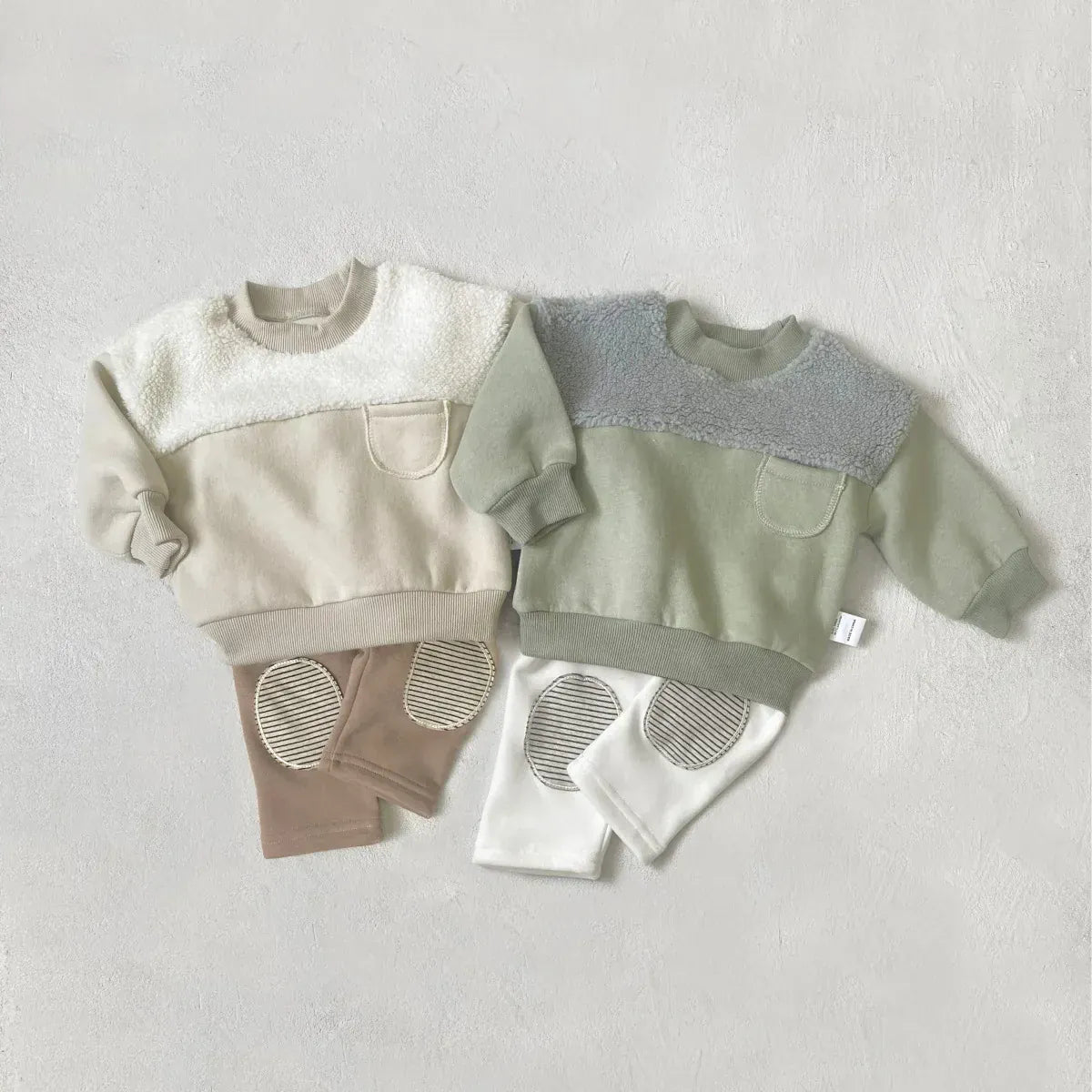 長袖セットアップ ベビーセットアップ 2点セット ボアフリースパッチワーク長袖スウェットシャツ+膝パッチロングレギンスパンツ【mh0008480】