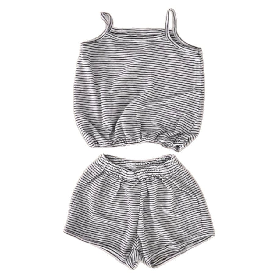 ノースリーブセットアップ ボーダーキャミソールトップス+ショートパンツセットアップ 2点セット【mh0009856】