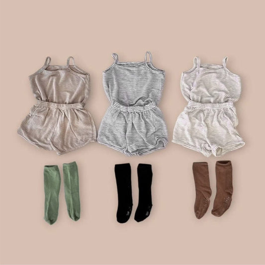 ノースリーブセットアップ ボーダーキャミソールトップス+ショートパンツセットアップ 2点セット【mh0009856】