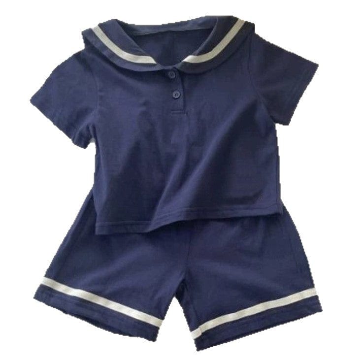 半袖セットアップ セーラーカラー半袖シャツ+ショートパンツマリンセットアップ 2点セット【mh0009982】
