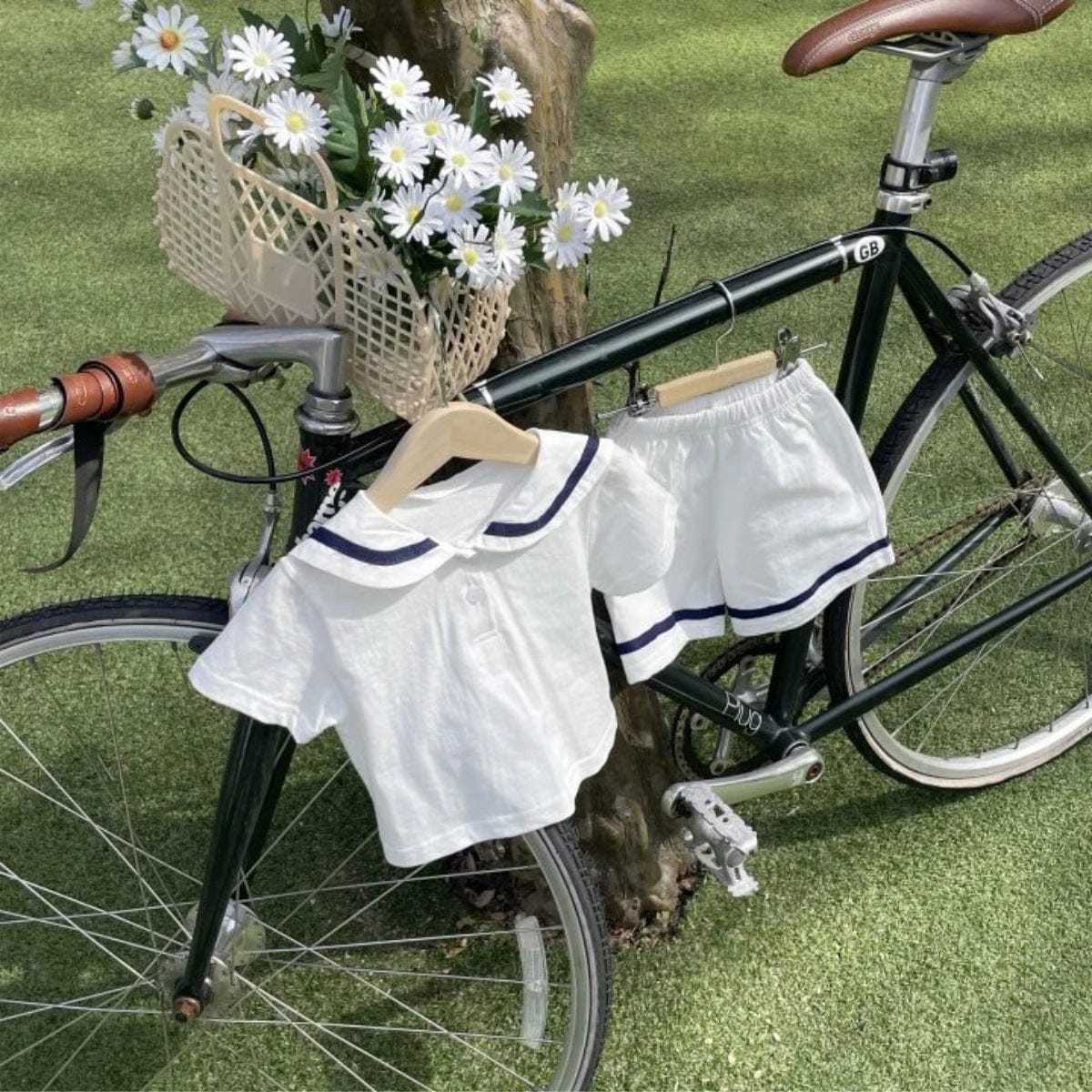 半袖セットアップ セーラーカラー半袖シャツ+ショートパンツマリンセットアップ 2点セット【mh0009982】