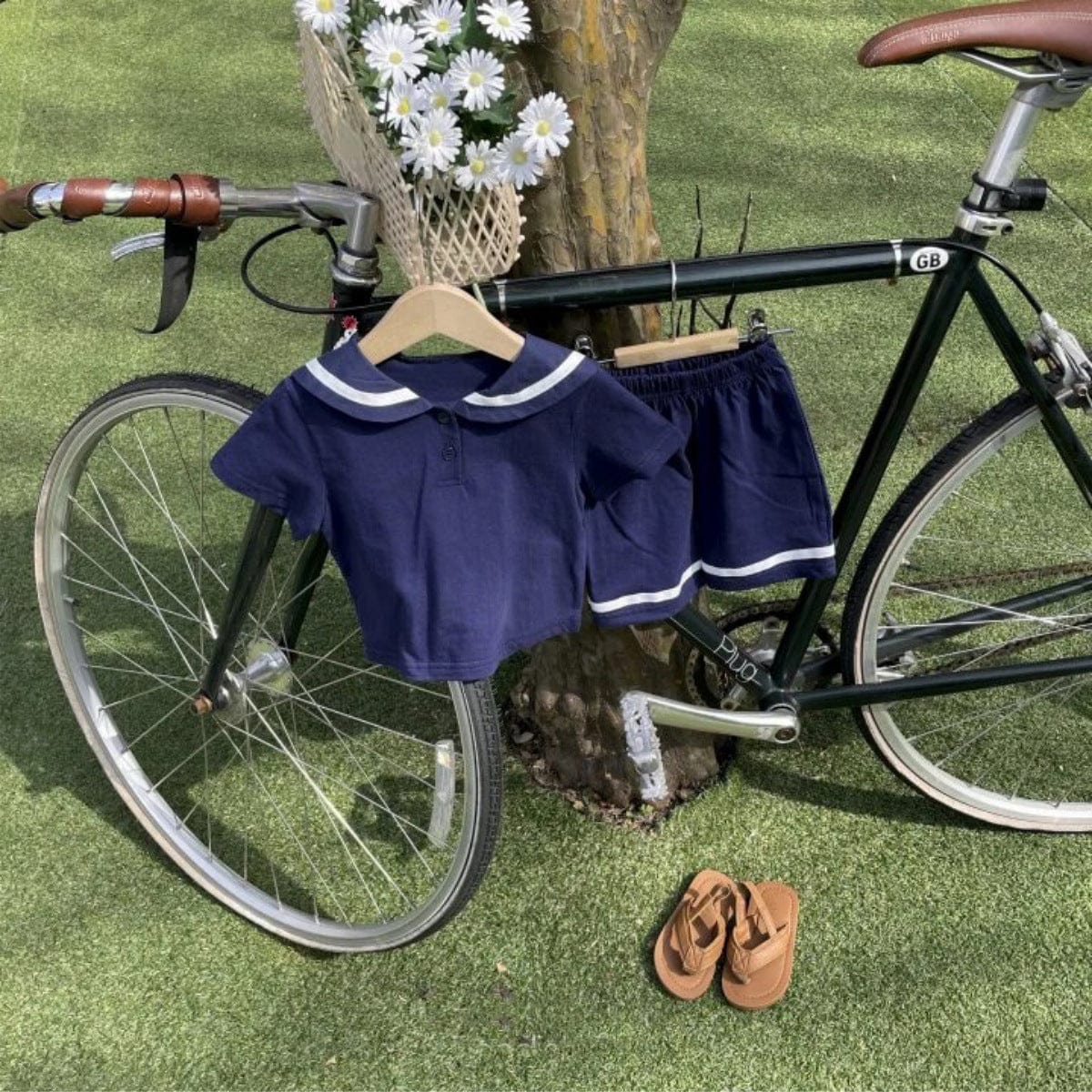 半袖セットアップ セーラーカラー半袖シャツ+ショートパンツマリンセットアップ 2点セット【mh0009982】