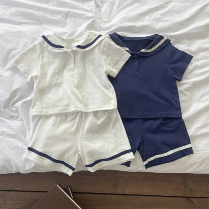 半袖セットアップ セーラーカラー半袖シャツ+ショートパンツマリンセットアップ 2点セット【mh0009982】