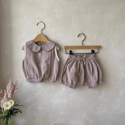 ノースリーブセットアップ 丸襟ノースリーブブラウス+バルーンショートパンツセットアップ 2点セット【mh0010208】