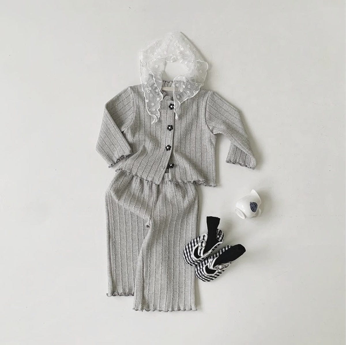 長袖セットアップ 花柄ジャガードセットアップ カーディガン メロウフリル レギンスパンツ 2点セット【mh0010886】