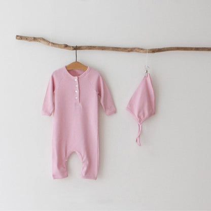 長袖ロンパース とんがり帽子ロンパースセット ヘンリーネック リブ編み コットンカバーオール 2点セット【mh0010889】