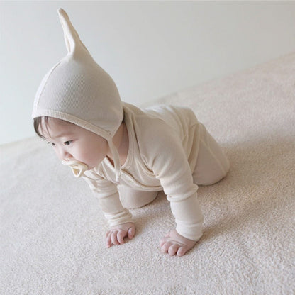 長袖ロンパース とんがり帽子ロンパースセット ヘンリーネック リブ編み コットンカバーオール 2点セット【mh0010889】