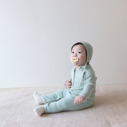 長袖ロンパース とんがり帽子ロンパースセット ヘンリーネック リブ編み コットンカバーオール 2点セット【mh0010889】