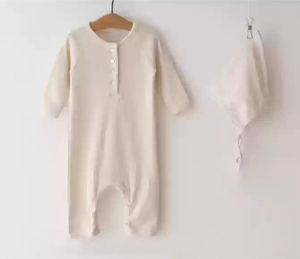 長袖ロンパース とんがり帽子ロンパースセット ヘンリーネック リブ編み コットンカバーオール 2点セット【mh0010889】