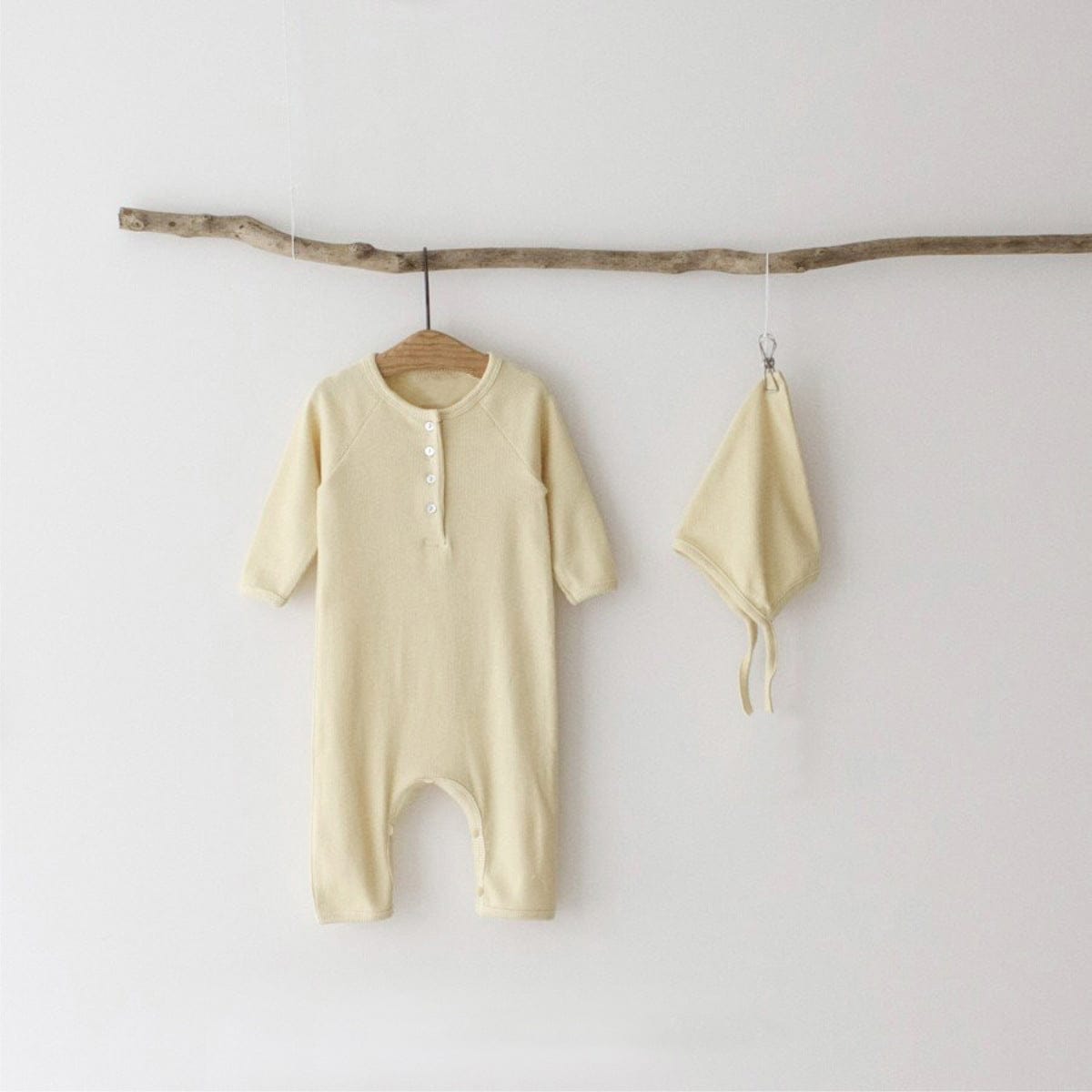 長袖ロンパース とんがり帽子ロンパースセット ヘンリーネック リブ編み コットンカバーオール 2点セット【mh0010889】