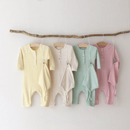 長袖ロンパース とんがり帽子ロンパースセット ヘンリーネック リブ編み コットンカバーオール 2点セット【mh0010889】