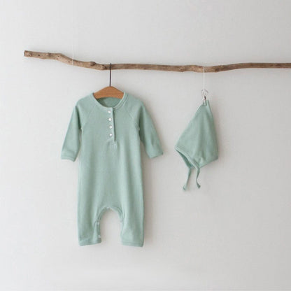 長袖ロンパース とんがり帽子ロンパースセット ヘンリーネック リブ編み コットンカバーオール 2点セット【mh0010889】