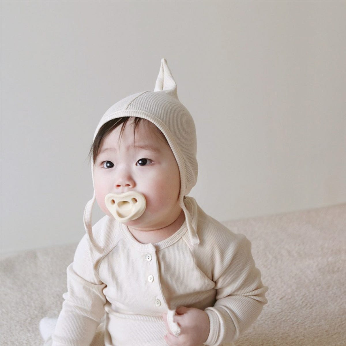 長袖ロンパース とんがり帽子ロンパースセット ヘンリーネック リブ編み コットンカバーオール 2点セット【mh0010889】